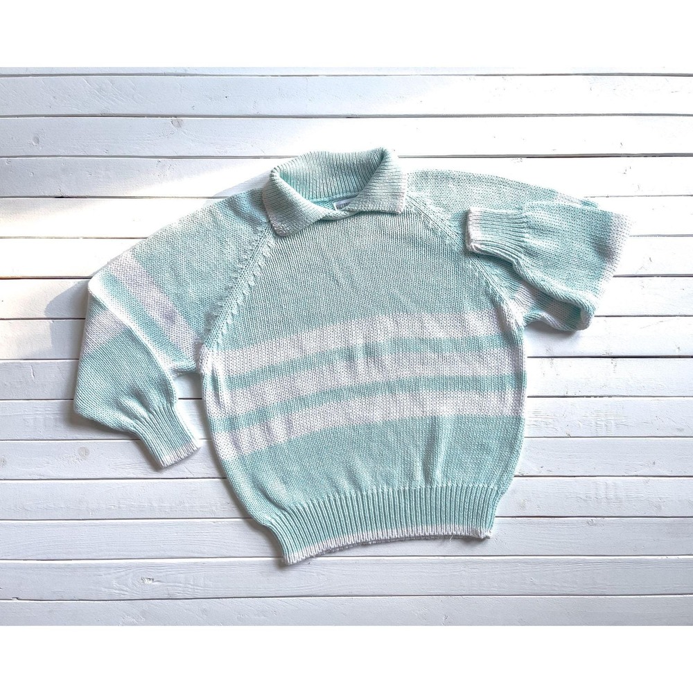 striped sweater‎ 80s vintage white turquoise aqua blue cotton sweater